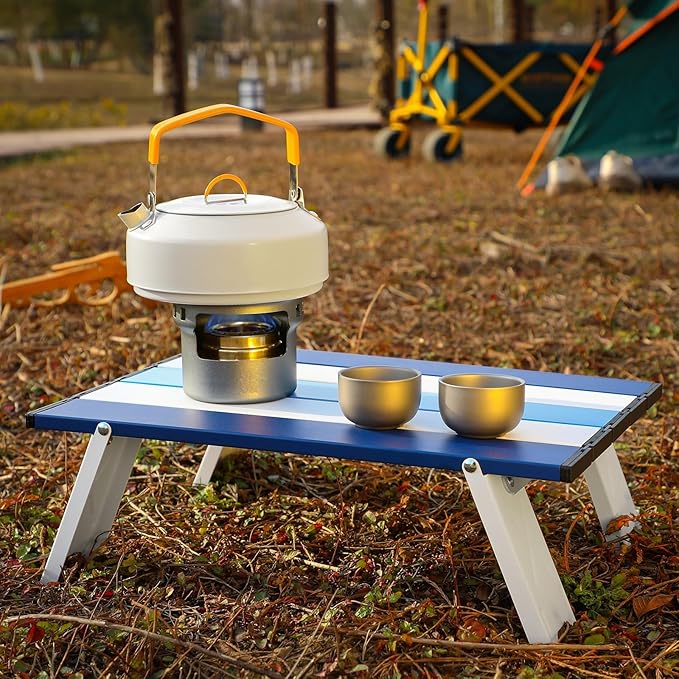 CroBlissful Beach Table Folding Camping Portable Table Striped White Aluminum Side with Carry Bag for Camping Picnics and Outdoor Activities(16x11x5 in,Navy Blue)