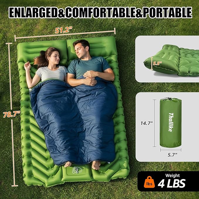 Double Sleeping Pad for Camping- 2 Person Camping Mattress with Pillow, Inflates in 60 Seconds Sleeping Pad with Pump-Electric/Foot Portable Air Pad for Backpacking, Hiking, Tent, Car Travel, Beach