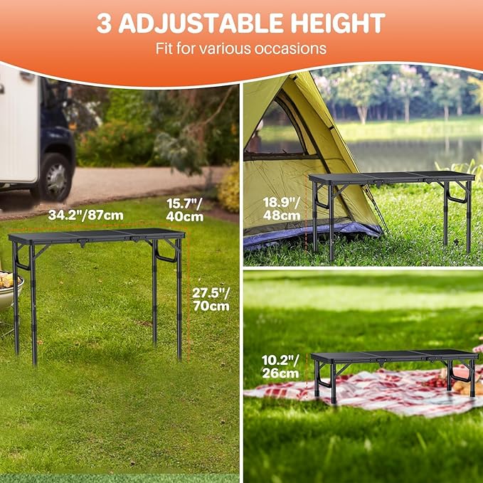 FUNYKICH 3ft Portable Small Folding Table L34.2''xW15.7'', 3 Adjustable Height Small Foldable Tables, Lightweight Aluminum Beach Table with Carry Handle for Car Camping, Backyard BBQ, Picnic, Travel