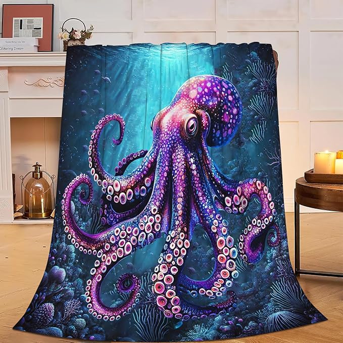 Ocean Octopus Blanket Soft Octopus Flannel Fleece Blanket Cozy Warm Nautical Decor Bedding Stuff Plush Throw Blanket Gifts for Lover Girls Boys Kids Women Adults 60"x80"