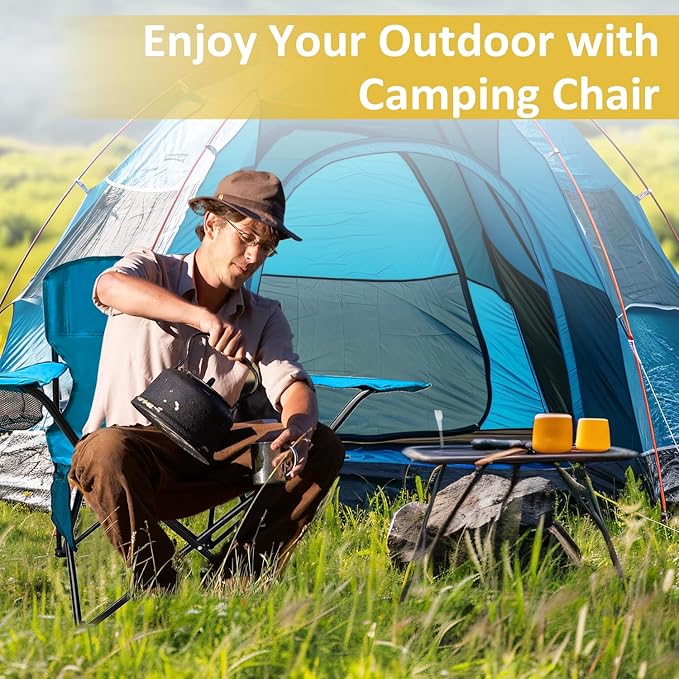 Folding Camping Chair with Cup Holder & Storage Bag, 225lbs Capacity, Large Anti-Sink Feet, Breathable PE Coated Fabric for Outdoor, Hiking, Beach, Fishing, Backpacking, 2PCS Blue