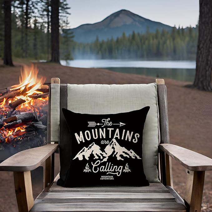 The Mountains are Calling Adventure Arrow Campfire Outdoor Adventure Mountain Forest Trees Throw Pillow Cover Cushion Case Cotton Linen Material Decorative 18X18 inches