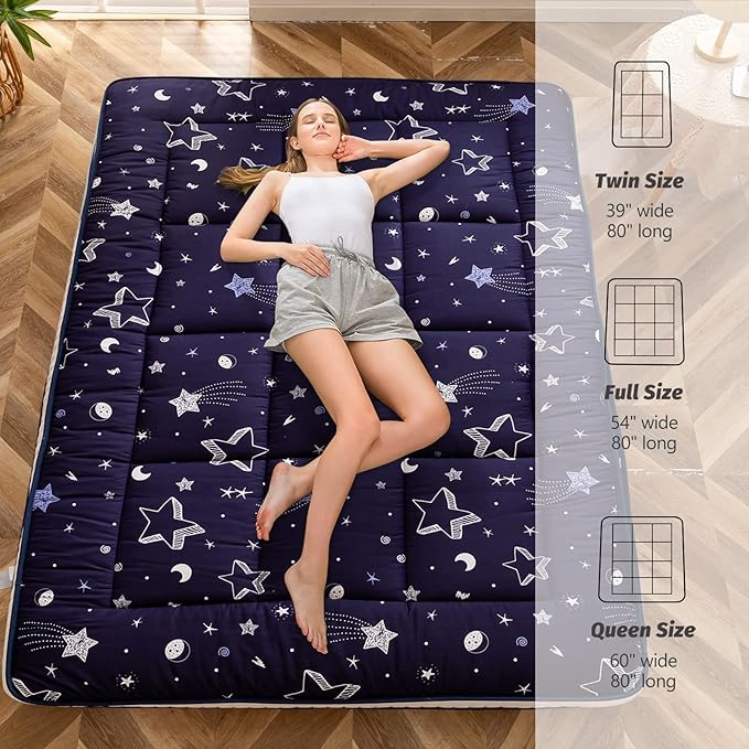 MAXYOYO Navy Star Futon Mattress, Padded Japanese Floor Mattress Quilted Bed Mattress Topper, Extra Thick Folding Sleeping Pad Breathable Floor Lounger Guest Bed for Camping Couch, Queen