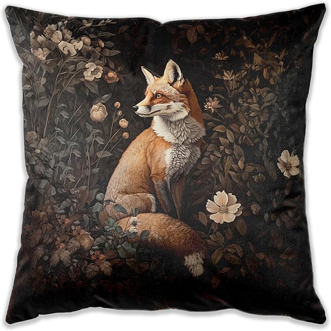 Vintage Floral Fox Pillow Covers 18x18, Rustic Farmhouse Dark Cottagecore Decor, Botanical Floral Fox Wild Animal Decorative Throw Pillow Covers for Home Bedroom Living Room