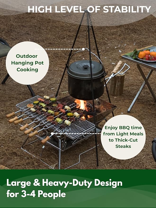 CAMPINGMOON Large Portable Campfire Fire Pit BBQ Grill Stainless Steel Foldable Collapsible Wood Burning Charcoal Grill for Heavy Duty Outdoor Cooking RV Camping, 20x13-inch, Carry Bag included MT-3