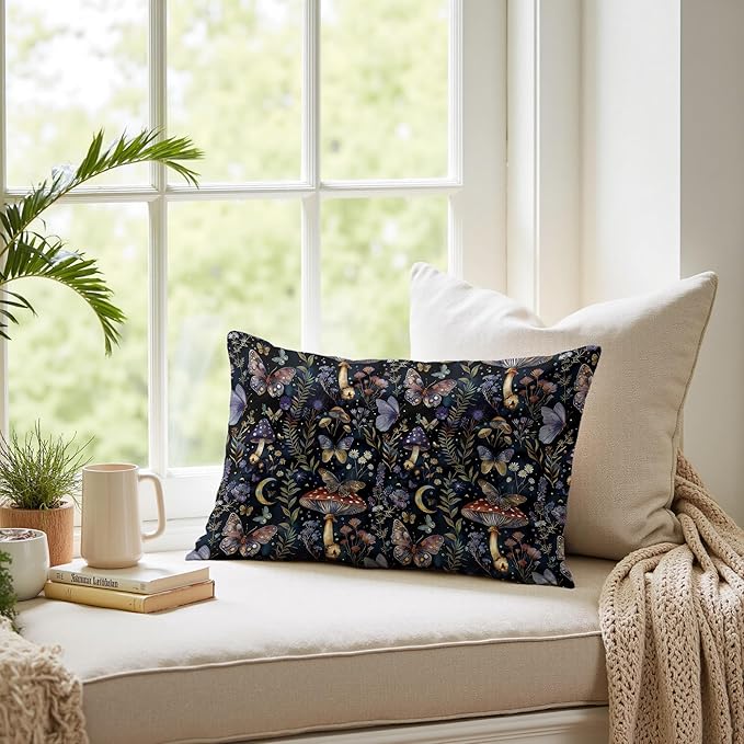 Mystical Dark Cottagecore Botanical Moth Mushroom Lumber Pillow Cover 12x20, Dark Academia Witchy Floral Butterfly Moon Night Decorative Throw Pillow Cover Cases for Home Bedroom Living Room