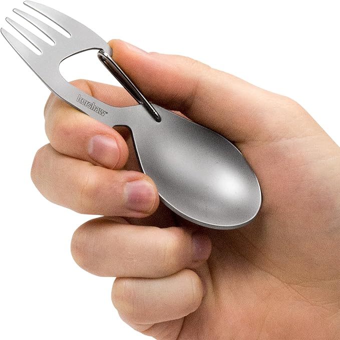 Kershaw Ration Multi Tool Spork, Stainless Steel Spoon, Fork, Carabiner and Bottle Opener, Regular and XL Sizes