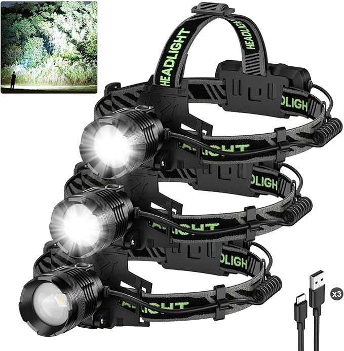 Rechargeable Headlamp 3 Pack, 99,000 Lumens Super Bright Head Lamp with 3 Modes, 90° Adjustable LED Head Light for Forehead, IPX6 Waterproof Headlamps for Adults,Camping,Hiking