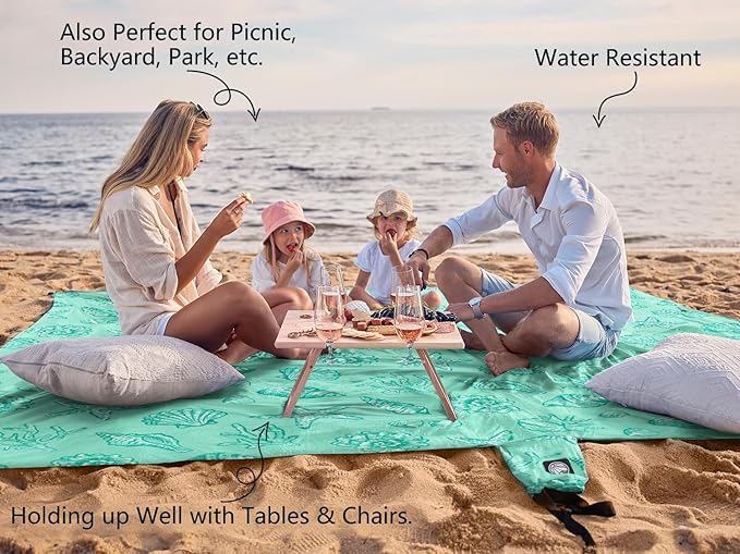 WEKAPO Beach Blanket Waterproof Sandproof Oversized, Extra Large Beach Mat Sand Free, Lightweight & Compact Sand Free Mat with 5 Stakes & 4 Corner Pockets