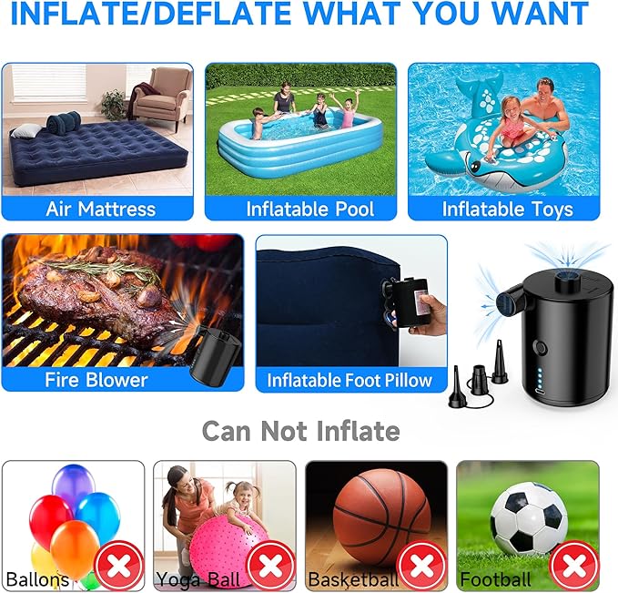 Air Pump for Air Mattress, Air Mattress Pump for Inflatables, Quick Fill Inflator Deflator Air Pump Perfect for Outdoor Camping Inflatable Boat Blow Up Pool Water Toy Car Air Bed