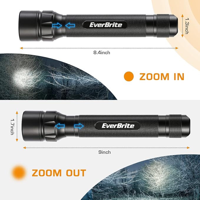 EverBrite Ultra Bright Tactical Flashlight, 600 Lumen Zoomable Adjustable Focus, 4 Light Modes, Heavy-Duty Aluminum Flashlight for Hurricane Supplies Camping, 3C Alkaline Batteries Included