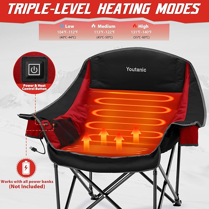 Youtanic Heated Camping Chair, 3 Heat Levels Oversized Padded Lawn Chair with Side Pockets and Cup Holder, Outdoor Heating Folding Camp Chair for Adults, Fishing, Sports, Picnic, up to 500lbs, Style 2