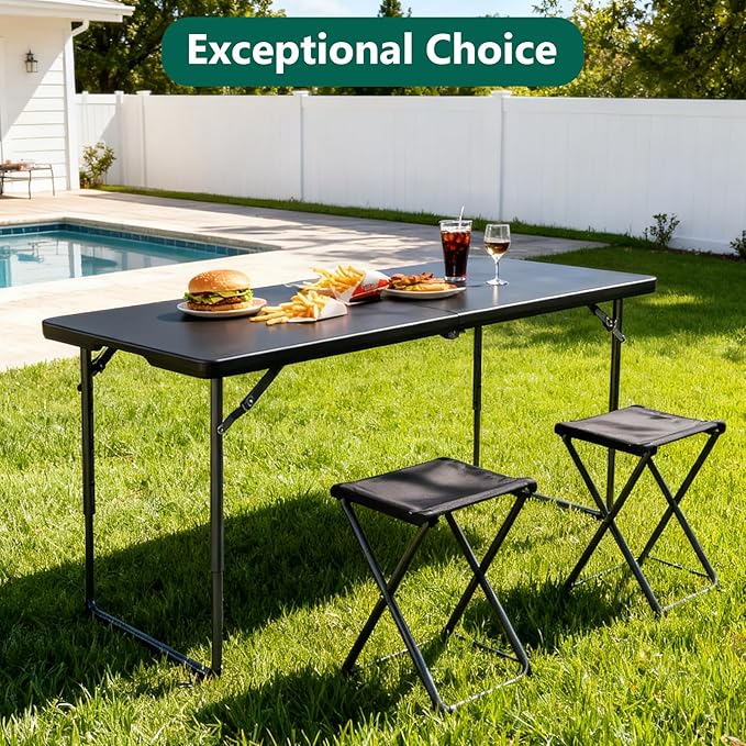 Folding Table 4ft - Heavy Duty Fold-in-Half Plastic Table with Adjustable Height, Portable Utility Tables with Steel Legs for Indoor, Outdoor, Picnic, Camping, Dining, Party(Black)