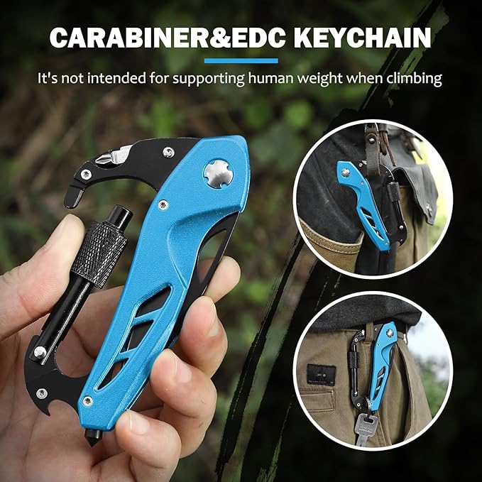 Multitool Carabiner with Pocket Knife, Stocking Stuffers Gifts for Men,6-in-1 Multi Tools with Window Breaker, Bottle Opener and Screwdriver, Survival Gear for Camping Hiking(Blue）