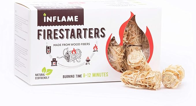 Inflame Fire Starters 50 pcs/Organic/Easy Fire for Wood and Charcoal - Super Fast Lighting, Any Weather/Grill, BBQ, Wood Stove, Campfires, Fireplace, Pellets