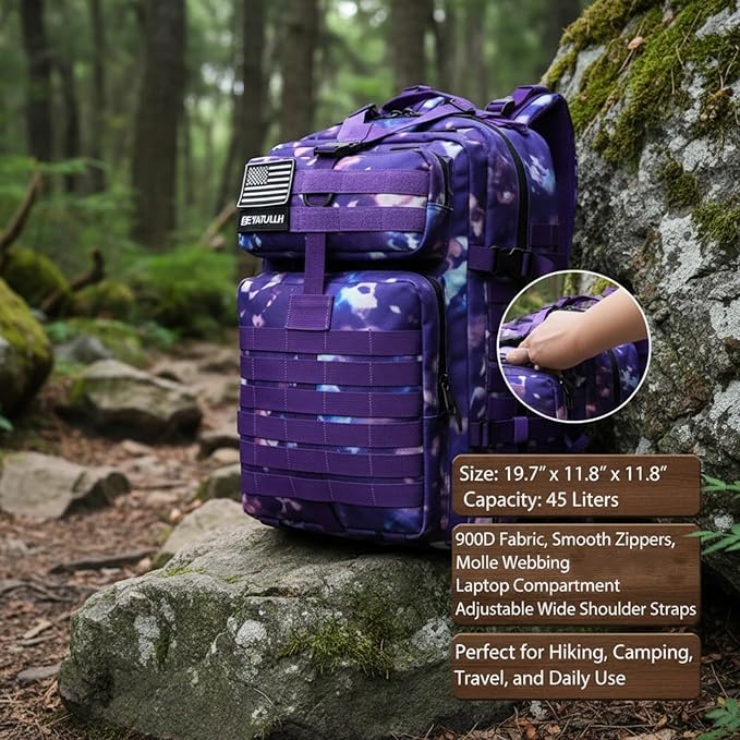 45L Military Tactical Backpack for Men & Women Bug Out Bag Assault pack Molle Daypack Hiking Trekking Rucksack (Purple tie-dye)