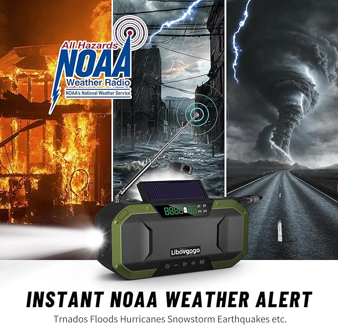 Emergency Radio Waterproof Bluetooth Speaker,Portable AM FM Radio with 5000mAh/18500mWh Cell Phone Charger,Flashlight,Reading Lamp,Hand Crank NOAA Weather Radio with Solar Panel,Emergency Survival Kit