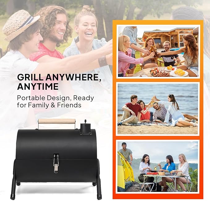 Outvita Portable Charcoal Grill with Thermometer, Dual-Sided Small Tabletop Barbecue Grill for Outdoor Camping BBQ Cooking Backyard Party, Heavy Duty, Easy Assembly (Black)