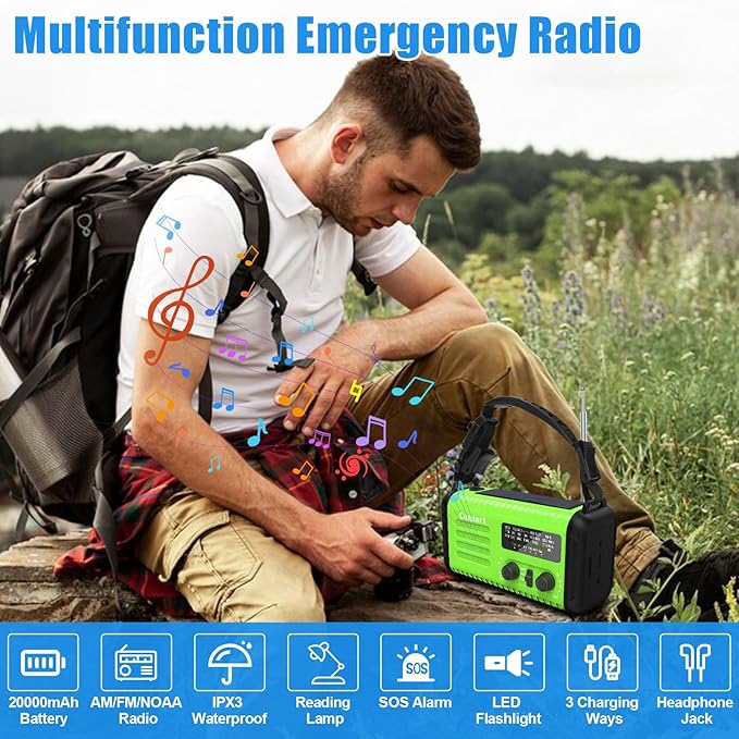 20000mAh Solar Hand Crank Emergency Radio, NOAA Portable Emergency AM/FM Radio with LED Flashlight Reading Lamp SOS Alarm USB-C Cell Phone Charger for Hurricane Survival