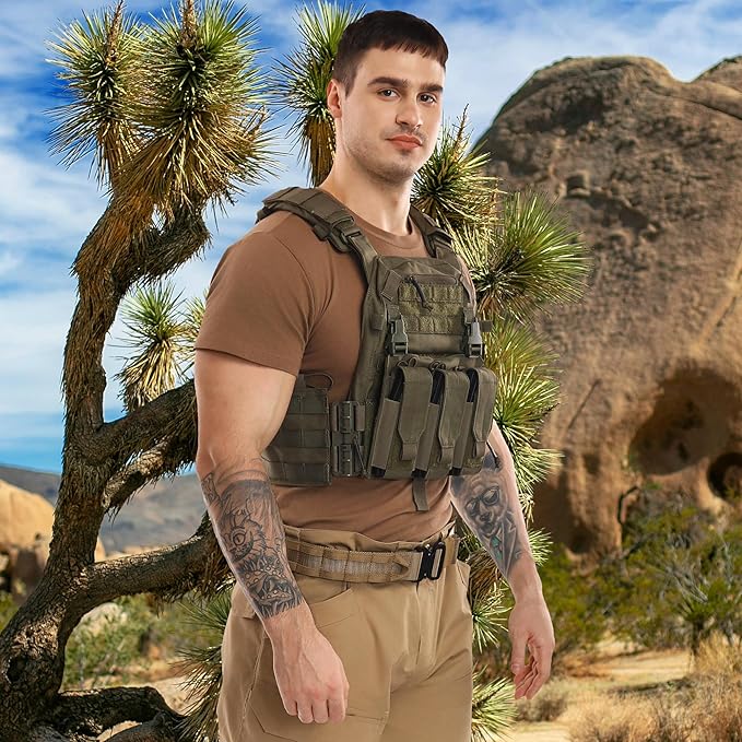 Tactical Molle Vests with Triple mag Pouch and Side Cummerbund Pouches, Quick Release Vests for Men
