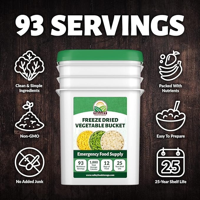 Valley Food Storage Freeze Dried Vegetable Bucket | 12 Pouches, Mixed Vegetables | Premium Emergency Food Supply, 25 Year Shelf Life | Survival Food for Camping, Prepper Storage & Off-Grid Living