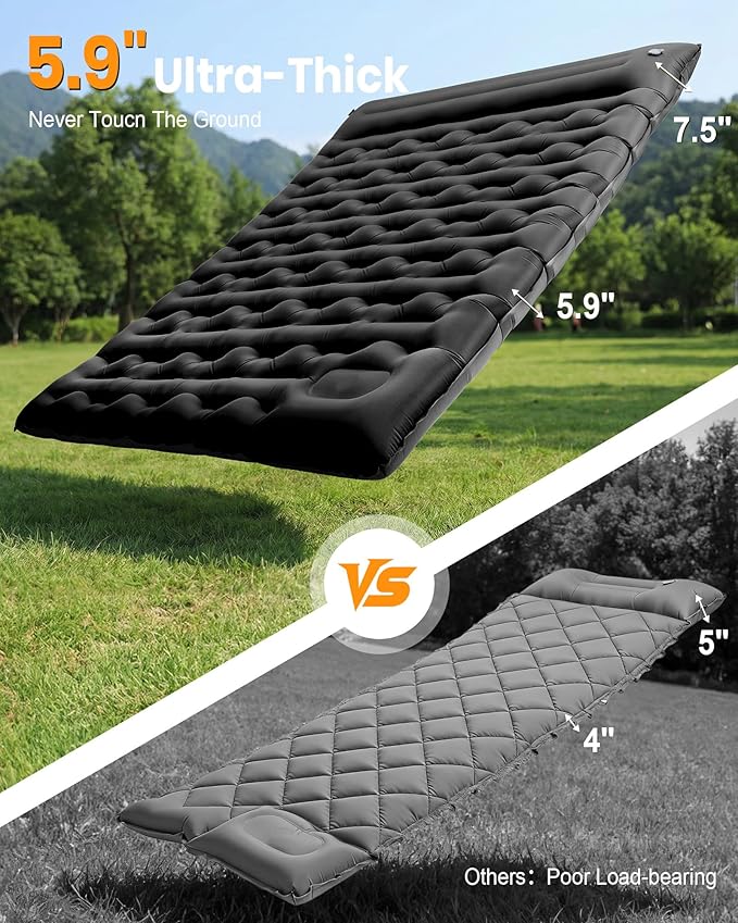 Double Sleeping Pad for Camping, 5.9 Inch Thick Self Inflating Sleeping Mat for Camping with Built in Pillow and Foot Pump, 2 Person Camping Mattress for Backpacking Hiking