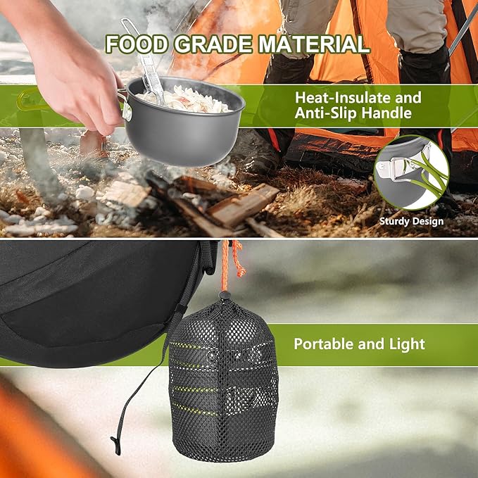 Camping Cookware Set, Portable Camping Mess Kit with Non-Stick Pots, Pans Set and Folding Fork, Lightweight Backpacking cookware Cooking Set for Outdoor/Camping/Hiking/Picnic