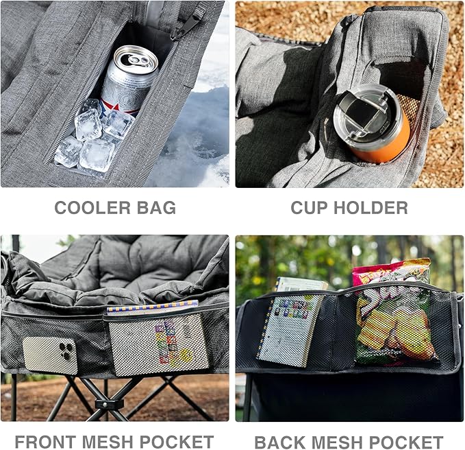 EVER ADVANCED XL Camping Chair with Detachable Cushion, Mesh Chair for Adults Foldable, Oversized Heavy Duty Folding Chair with Cooler Mesh Pocket Cupholder Outdoor Fishing, Supports 400LBS Grey