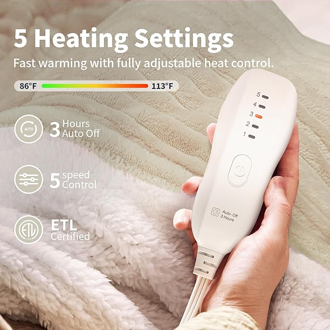 Texciting Heated Blanket Electric Throw 50”X60”-Heating Blanket with 5 Heat Settings-3 Hours Auto Off,ETL Certified,Machine Washable (Beige)