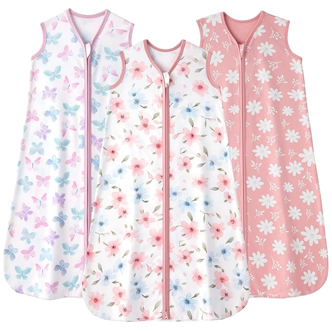 Baby Sleep Sack 12-18 months, 100% Cotton Sleeping Sack for Toddler, 3 Pack Baby Wearable Blanket, 0.5 Tog Lightweight Double Zipper Sleep Bag Large Pink Butterfly Flower