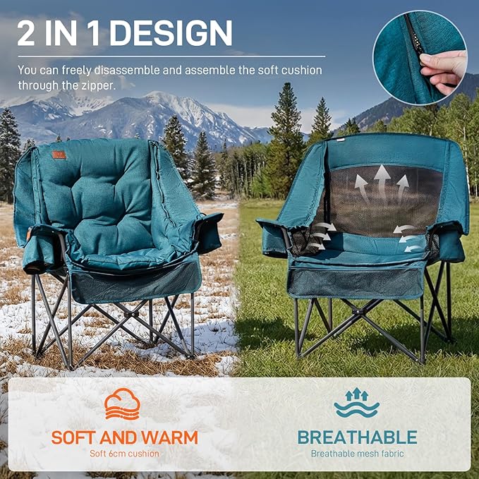 EVER ADVANCED 2 Set Camping Chair with Detachable Cushion, Mesh Chair for Adults Foldable, Oversized Heavy Duty Folding Chair with Cooler Mesh Pocket Cupholder Outdoor Fishing, Supports 400LBS Green