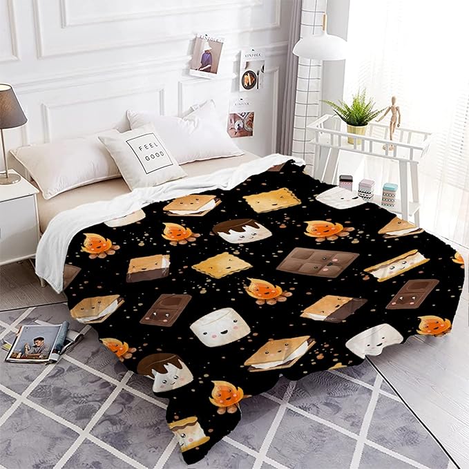 Cute S'Mores Blanket | Ultra Soft Marshmallow Cookie Throw Blanket Gifts for Boys Girls | Roasted Marshmallows Blanket Decor for Couch/Sofa/Travel/Camping All Seasons -60"x80"-Adults/Twin Size