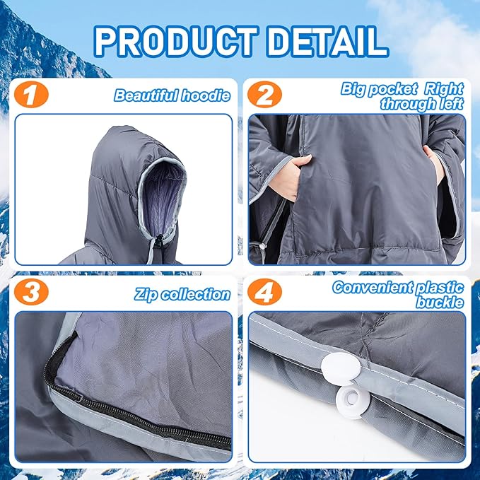 Preboun Thermal Poncho Wearable Hooded Blanket Winter Poncho Wearable Sleeping Bag Water Resistant Windproof for Men Women