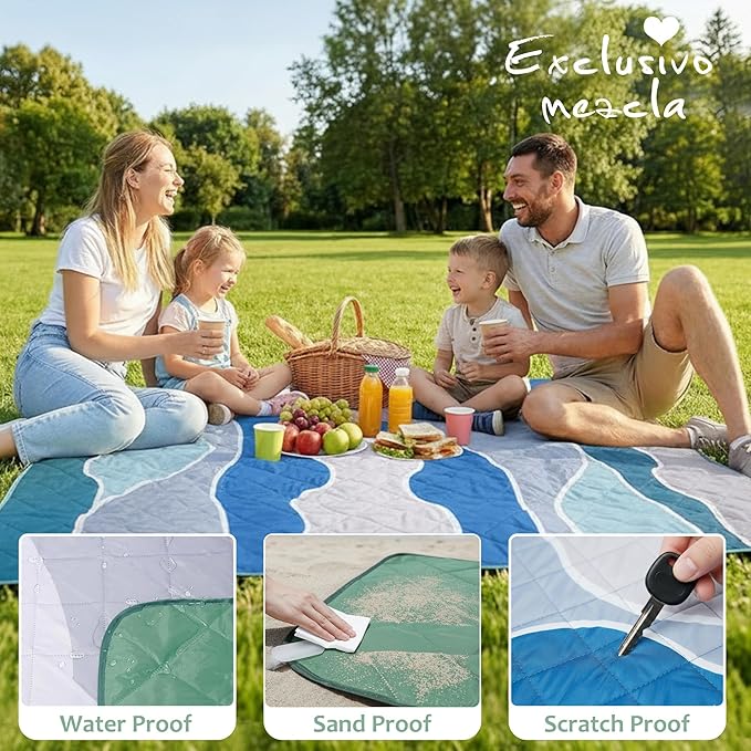 Exclusivo Mezcla Waterproof Picnic Blankets 60x80 Inch, 3 Layer Extra Large, Sandproof and Foldable Outdoor Blanket for Beach Camping, Park and Travel