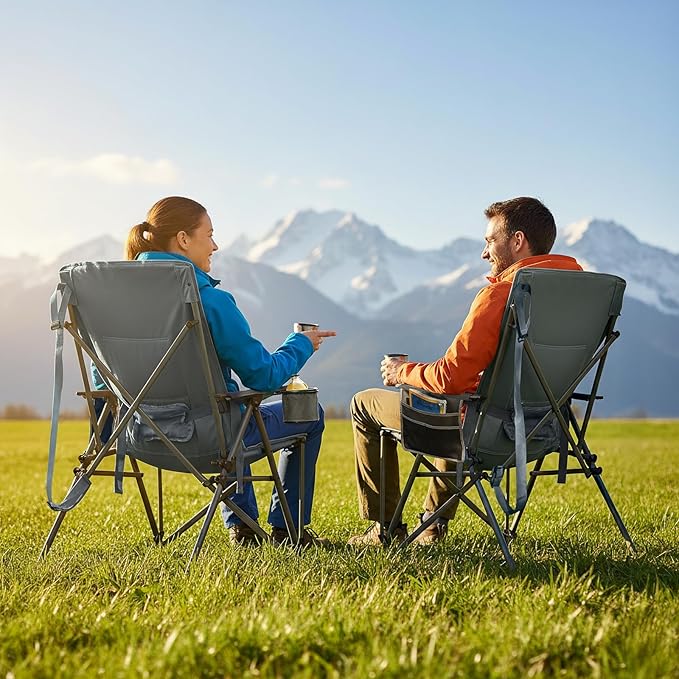 TIMBER RIDGE Oversized Camping Chair with Lumbar Support, Portable Folding Chair Heavy Duty for Adults Supports 450 LBS for Outdoor Camping, Lawn, with High Back, Cup Holder, Side Pocket - Grey, 2Pack