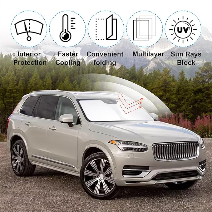 Windshield Sun Shade Custom Fit 2016-2024 2025 2026 Volvo XC90 Accessories Foldable Sunshade Sun Blocker Front Window Shades Covers Keep Car Cooler