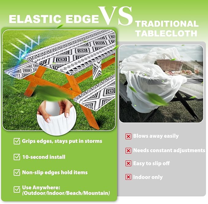 Picnic Table Cover with Bench Covers Vinyl Elastic Edges Fitted Rectangle Seat Tables Waterproof 3-Piece96X30in Set Outdoor Rectangular Folding Backing Tablecloth for Camping Over Size