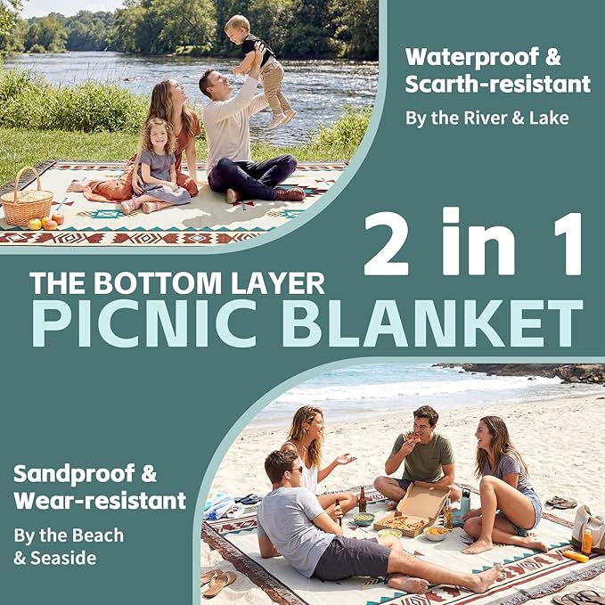 2 in 1 Extra Large Outdoor Picnic Mat Woven Summer Throw Blanket Boho Giant Beach Travel Essential Yoga Accessories Park Patio Lawn Garden Grass Ground Play Music Festival Concert Must Have