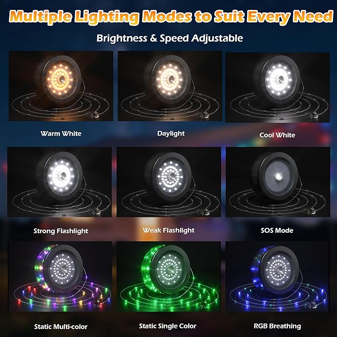 5200 mAh Solar Camping String Lights, Portable RGB Fairy String Light, 33FT 4-in-1 Waterproof Hanging String Lights, USB-C Rechargeable Phone Charger for Christmas Decor, Patio, Party