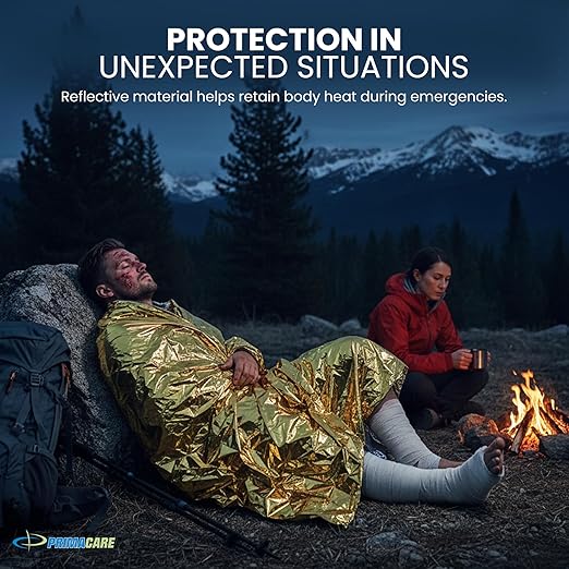 Primacare FB-6831 Emergency Mylar Thermal Blankets – 10 Pack, 62" x 82", Gold – Reflective, Waterproof, Retains 90% Body Heat – for Survival, First Aid, Outdoors, Camping, EMS