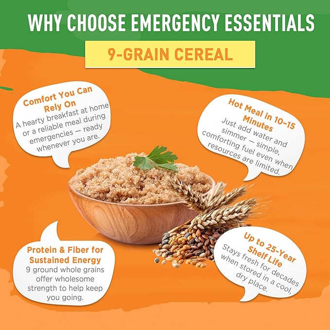 Emergency Essentials 9-Grain Cereal #10 Can - 48 Servings, High-Fiber Whole Grains, Long-Term Food Storage, Shelf-Stable Emergency Breakfast Mix, Bulk Pantry Staple