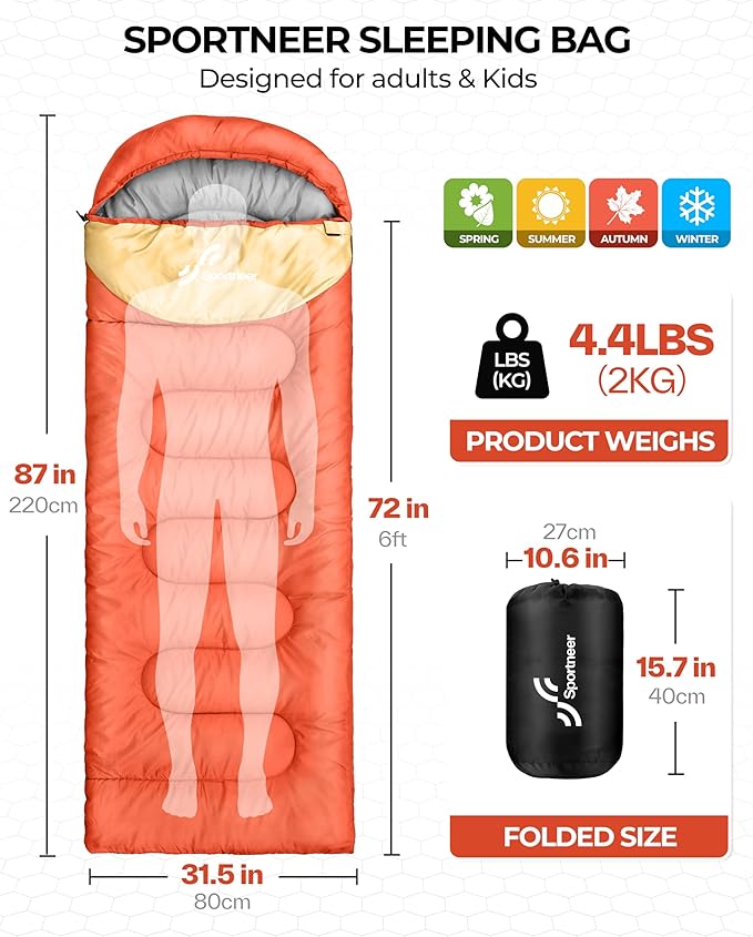 Sportneer Sleeping Bag for Adults & Kids, Cold Weather & Warm Waterproof Camping Sleeping Bag, Compact Portable for Camping Hiking & Travel