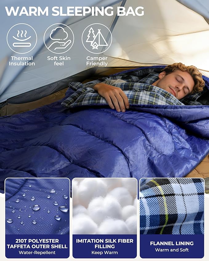 Sportneer 0 Degree Sleeping Bag for Cold Weather, XL Winter Sleeping Bag for Adults, Flannel Lined Camping Sleeping Bag, 32°F–59°F Rated, 87" x 33.5", 4.4 lbs, Detachable Hood, Compression Sack