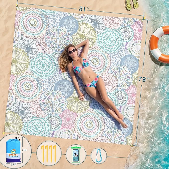 BYDOLL Beach Blanket Waterproof Sandproof Large Sand Free, 78''X81'' Oversized Sandless Lightweight Blanket Picnic Mat for Beach Travel Camping Hiking with Stakes