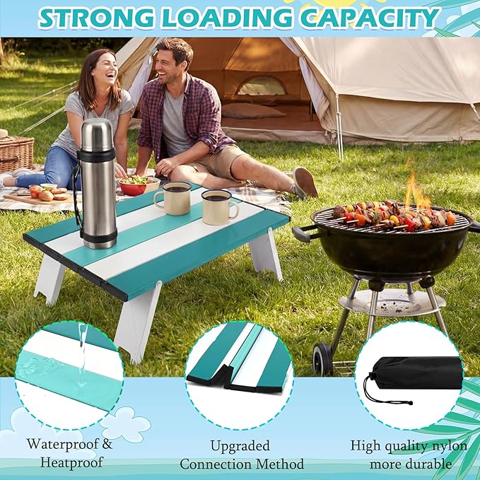 CroBlissful Beach Table Folding Camping Portable Table Striped White Aluminum Side with Carry Bag for Camping Picnics and Outdoor Activities(16x11x5 in,Mint Green)