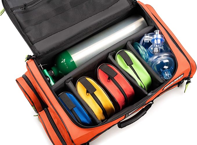 Scherber First Responder O2 Bag | Ultimate Professional EMT/EMS Trauma Oxygen Kit | Durable Reflective 600D Water Repellant Bag w/10+ Compartments, Zippered Pockets, Dividers & Padded Strap - Orange