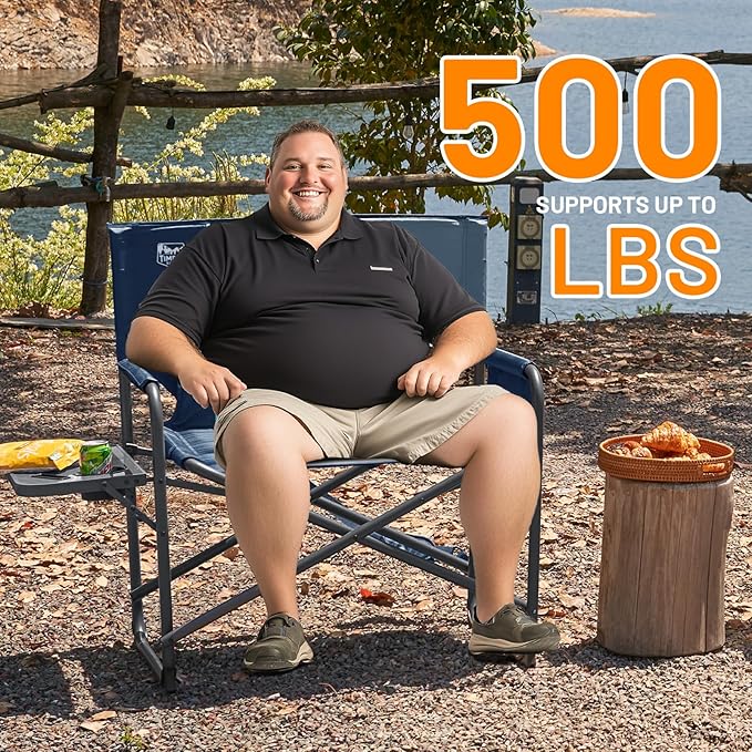TIMBER RIDGE XXL Director’s Chair – Heavy Duty Folding Chair with Side Table, 500 lb Capacity, Extra Wide Padded Seat for Camping, Sports, Beach, Patio, and Outdoor Use, Blue-2 Pack