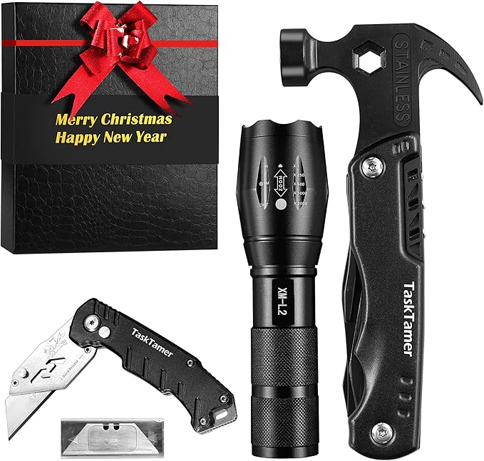 Christmas Gift, Multitool Gifts Set for Christmas, with Multitool Hammer, Utility Knife & Tactical Flashlight, Stocking Stuffers Men Women, EDC Tools for Car, Emergency and Outdoor Adventures