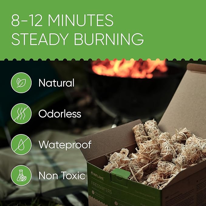 Inflame Fire Starters 130 pcs Fire Starters for Campfires, Grill, BBQ, Fireplace, Woodstove - Charcoal Starter - Waterproof, Weather-Resistant - Natural Wood Fireplace Starters