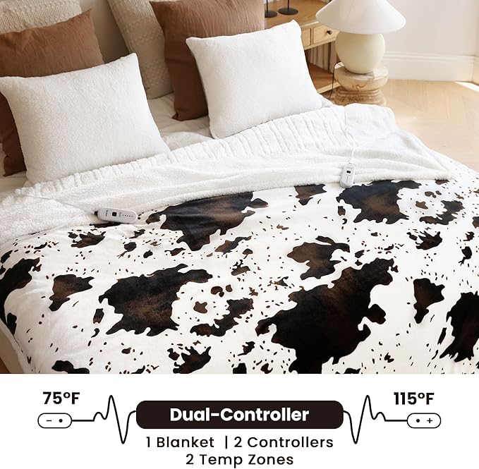 Heated Blanket Queen Blanket - Fast Heating Electric Blanket, Soft Flannel Heated Queen with 4 Time Settings,10 Heating Settings, Warm Gifts for Women & Mom & Grandma(84"x90"Cow Print White)